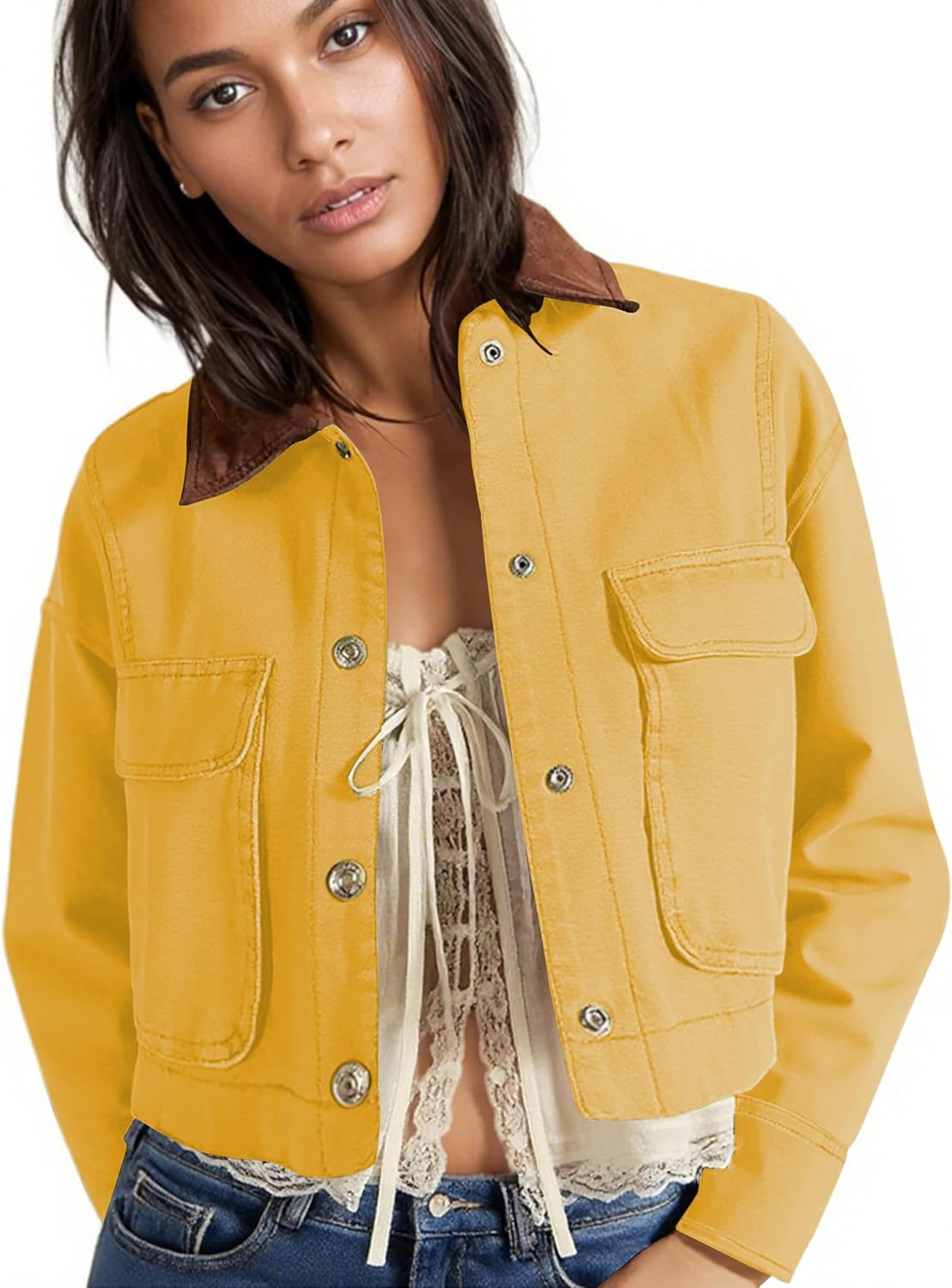 Cropped Barn Jacket for Women Contrast Collar Outwear Coat | Amazon (US)