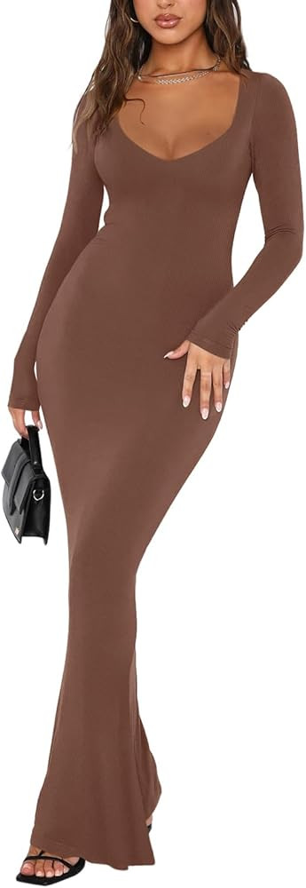 Vestido largo sexy de manga larga con cuello en V para mujer, estilo casual, para descansar, acan... | Amazon (US)