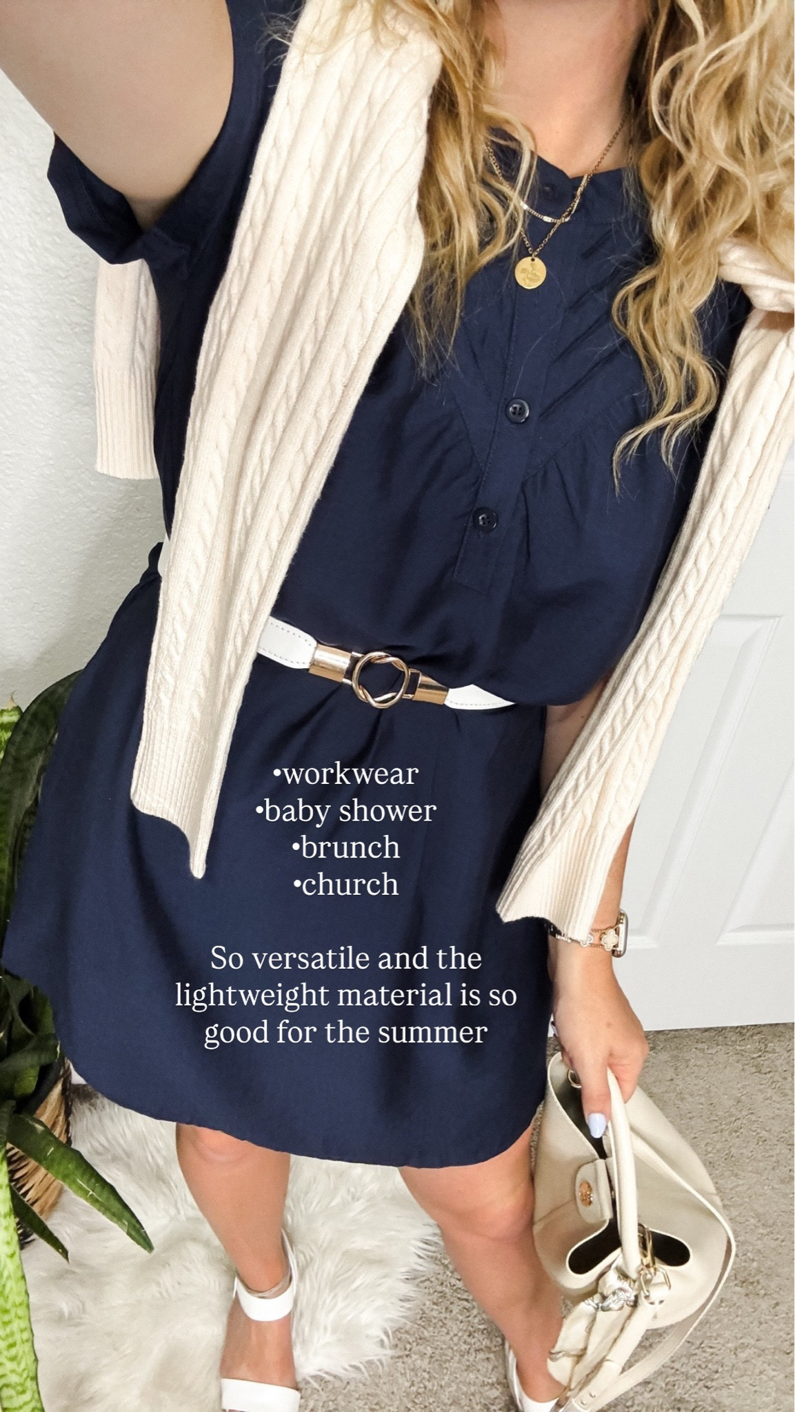 Lightweight navy summer dress with a white belt, cable knit sweater, bucket bag purse and white wedge heels






Amazon outfits, summer outfit inspo, outfit ideas, casual outfits amazon, amazon outfits every day, outfit ideas 2026, summer outfits, summer workwear, brunch outfit, baby shower outfit, elevated summer outfits, amazon prime deal days

#LTKootd #LTKSaleAlert #LTKPetite