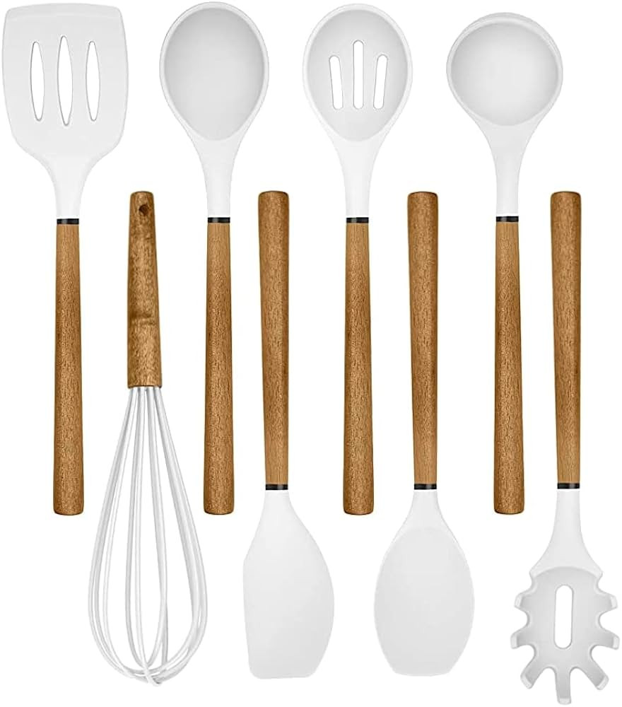 Country Kitchen Non Stick Silicone Utensil Set with Rounded Wood Handles for Cooking and Baking, ... | Amazon (US)