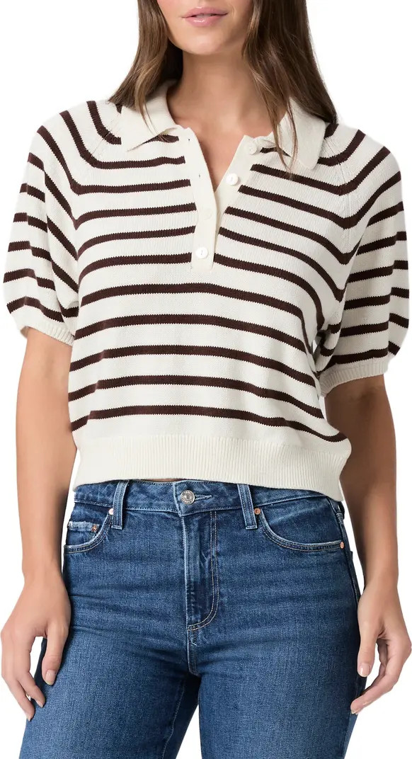PAIGE Birch Stripe Short Puff Sleeve Polo Sweater | Nordstrom | Nordstrom