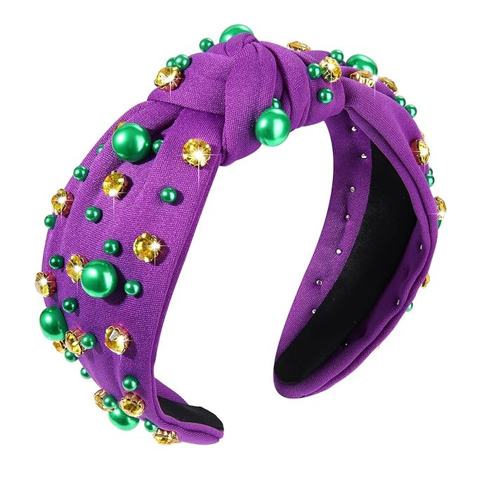 Mardi Gras Headband for Women Purple Green Gold Pearl Rhinestone Jeweled Knotted Hairband Carniva... | Amazon (US)