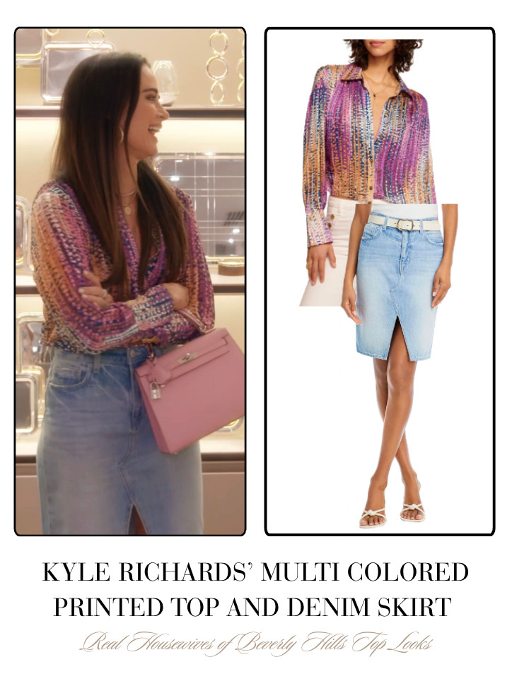 Kyle Richards' Multi Colored Printed Top and Denim Skirt  

 