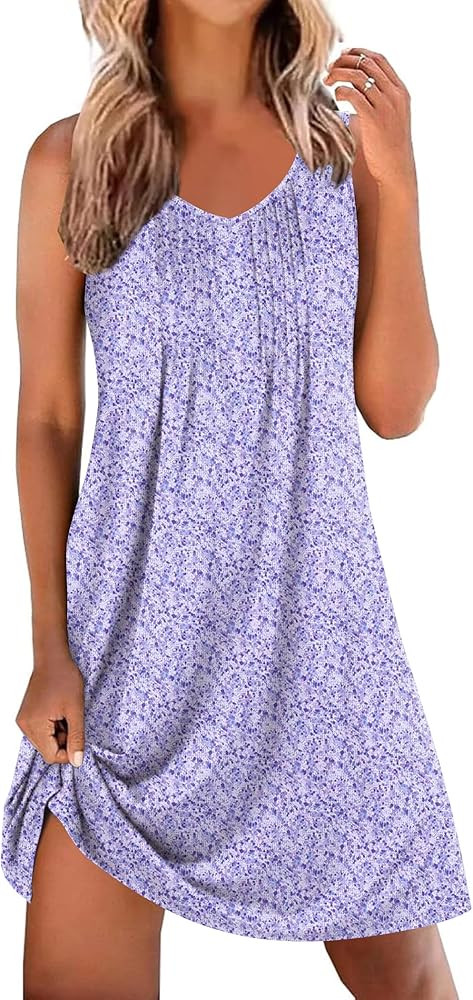 Ekouaer Nightgowns for Women Sleeveless Sleep Shirt Tank Night Gown V Neck Chemise Pleated Night ... | Amazon (US)