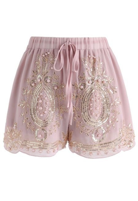 Shinning Pearls Trimming Chiffon Shorts in Pink | Chicwish
