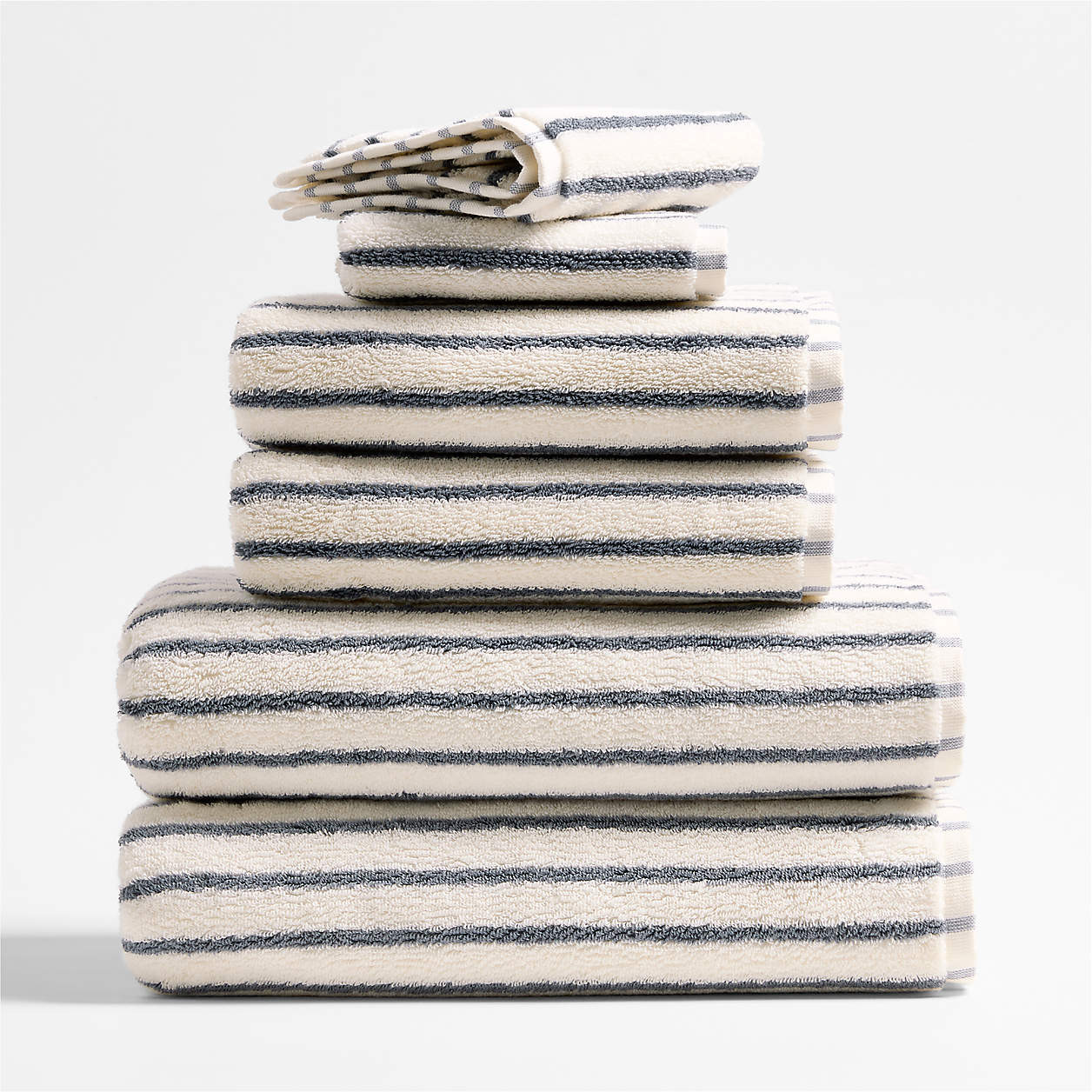 Organic Turkish Cotton Pampas Ivory and Evening Blue Stripe Bath Towels, Set of 6 + Reviews | Cra... | Crate & Barrel