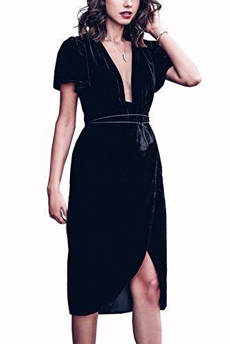 R.Vivimos Womens Velvet Elegant Deep V Neck Short Sleeve High Low Midi Dresses | Amazon (US)
