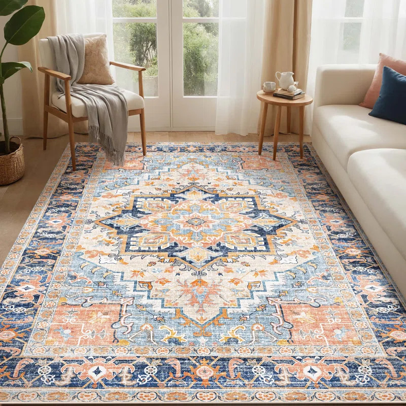 Washable Area Rugs Boho Floral Living Room Vintage Low Pile Indoor Carpet | Wayfair North America