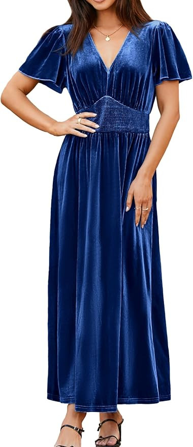 Simplee Women's Short Sleeve Velvet Maxi Dress V Neck Empire Waist Long Formal Wedding Guest Dres... | Amazon (US)