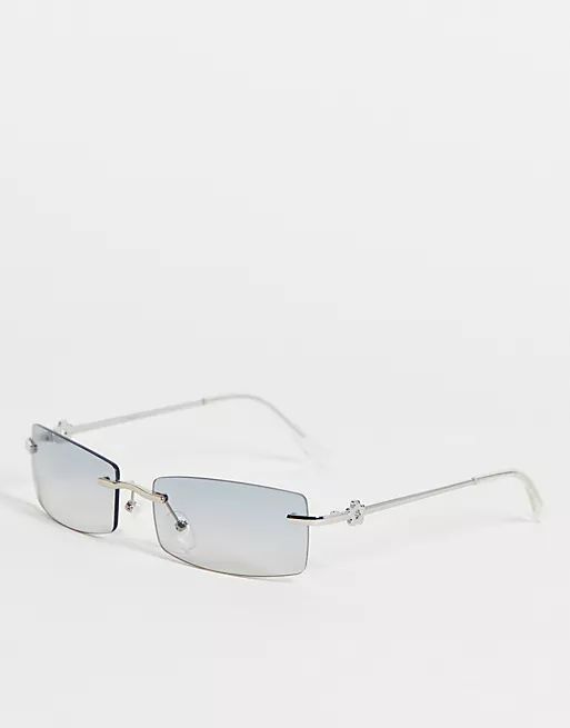 ASOS DESIGN rimless 90s sunglasses in smoke lens with 90s temple detail | ASOS (Global)