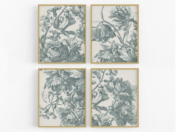 Set of Four Graphic Flower Etching Art Prints in Teal / | Etsy | Etsy (US)