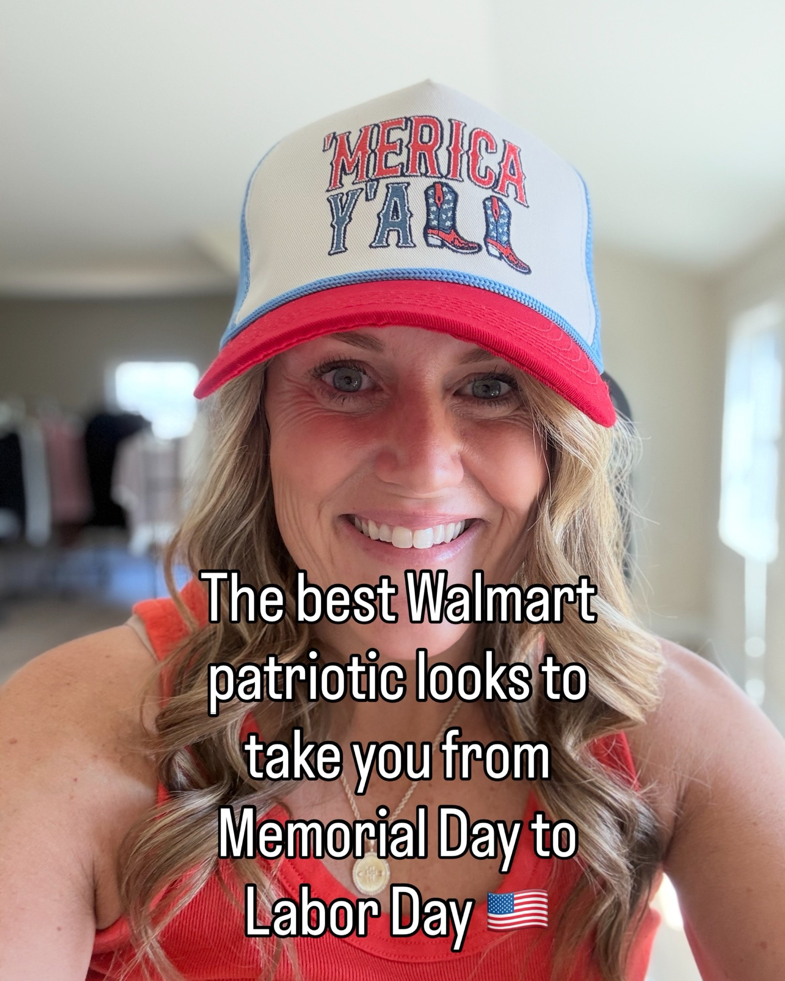 Walmart is already stocked with the cutest red, white, and blue styles for BBQs, baseball games, lake days, and all the summer fun — and the prices are SO good. Everything fits TTS, wearing medium/size 10. ❤️🤍💙