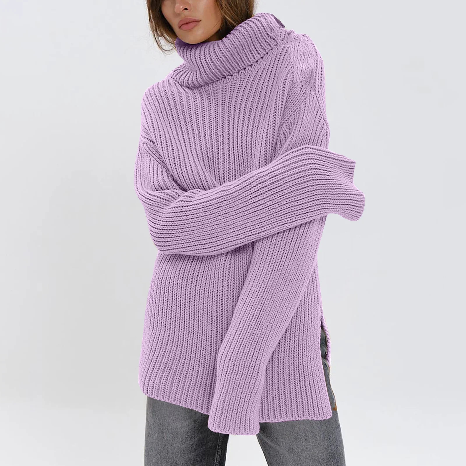 Sevevn Women's Solid Color High Neck Loose Soft Knitted Top Purple M Rollbacks | Walmart (US)