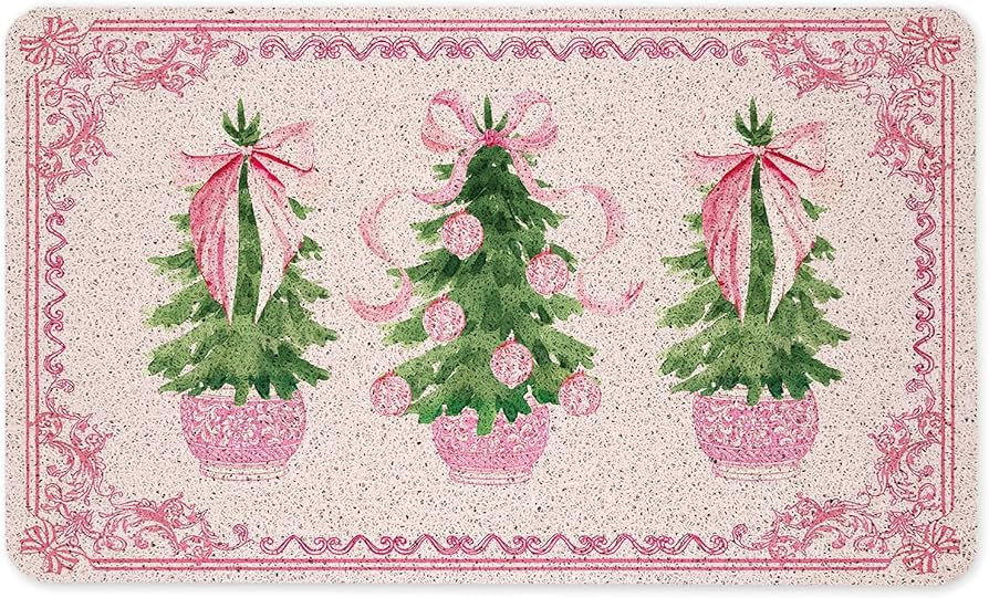 Pink Chinoiserie Christmas Tree Door Mat, Coquette Pink Bow Xmas Tree Doormat for Front Door Indo... | Amazon (US)