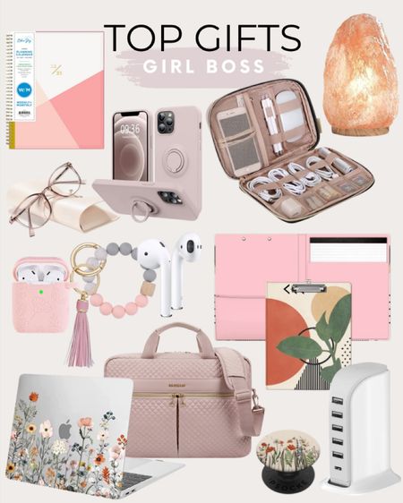 Top gifts for the girl boss include clipfolio, USB charging tower, wildflower pop socket, laptop bag, laptop case, AirPods, AirPods case with wristlet, blue light glasses, iPhone case, planner, Himalayan salt lamp, and cord organizer case. 

Girl boss, gift guide, gifts for her, boss gifts, Christmas gifts for her, Christmas gifts

#LTKunder100 #LTKitbag #LTKGiftGuide