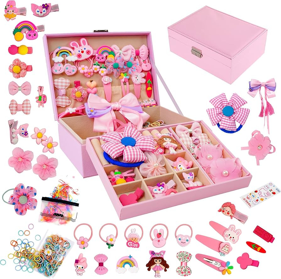 Hair Accessories Set with Jewelry Box - Hair Clips, Barrettes, Ties, Bows for Girls Ages 3-12 | Amazon (US)
