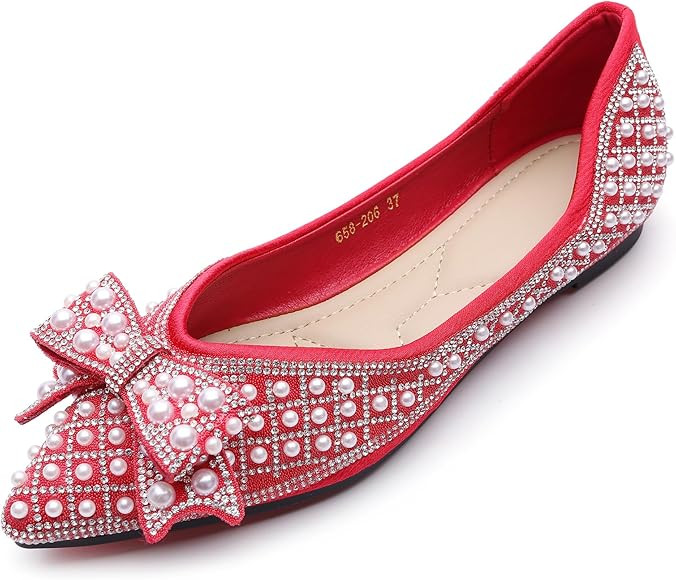 Women's Rhinestone Flats Pointed Toe Low Heel Wedding Flats Work Business Flats Comfortable Women... | Amazon (US)