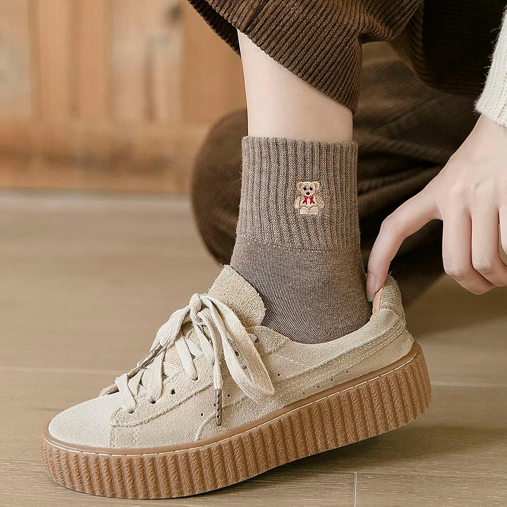 5 Pairs Women Socks Cute Cartoon Animal Ankle Embroidery Bear Casual for Women Socks | Amazon (US)