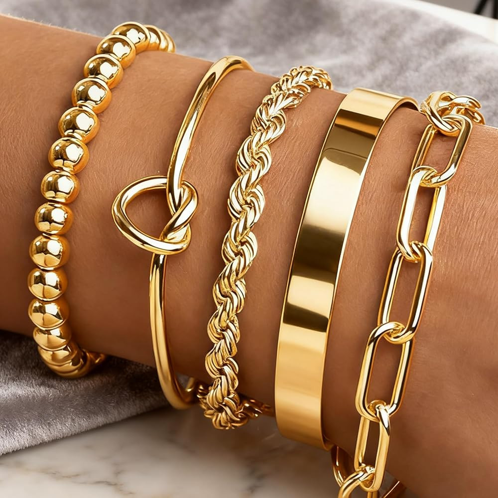 Gold Bracelets for Women, 5 Pcs Non-Tarnish Gold Plated Stackable Bangles with Beaded, Knot, Twis... | Amazon (US)