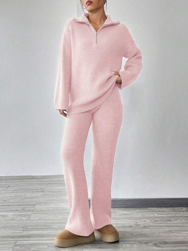 SHEIN EZwear Hälfte-reißverschluss Lange Ärmel Pullover Und Gestrickte Hose Modisches Set Mit ... | SHEIN