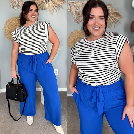 Chic curvy Amazon Summer office outfit 💙💼☀️ Striped cap sleeve top XL, blue waist tie trouser pants XXL 

#LTKMidsize #LTKWorkwear #LTKStyleTip