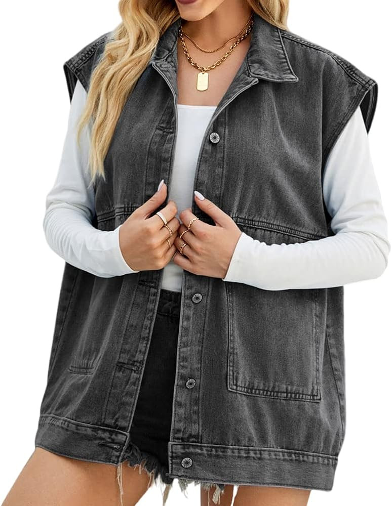 PAODIKUAI Women's Oversized Denim Vest Mid Long Jean Vest Sleeveless Jackets Distressed Vest Cott... | Amazon (US)