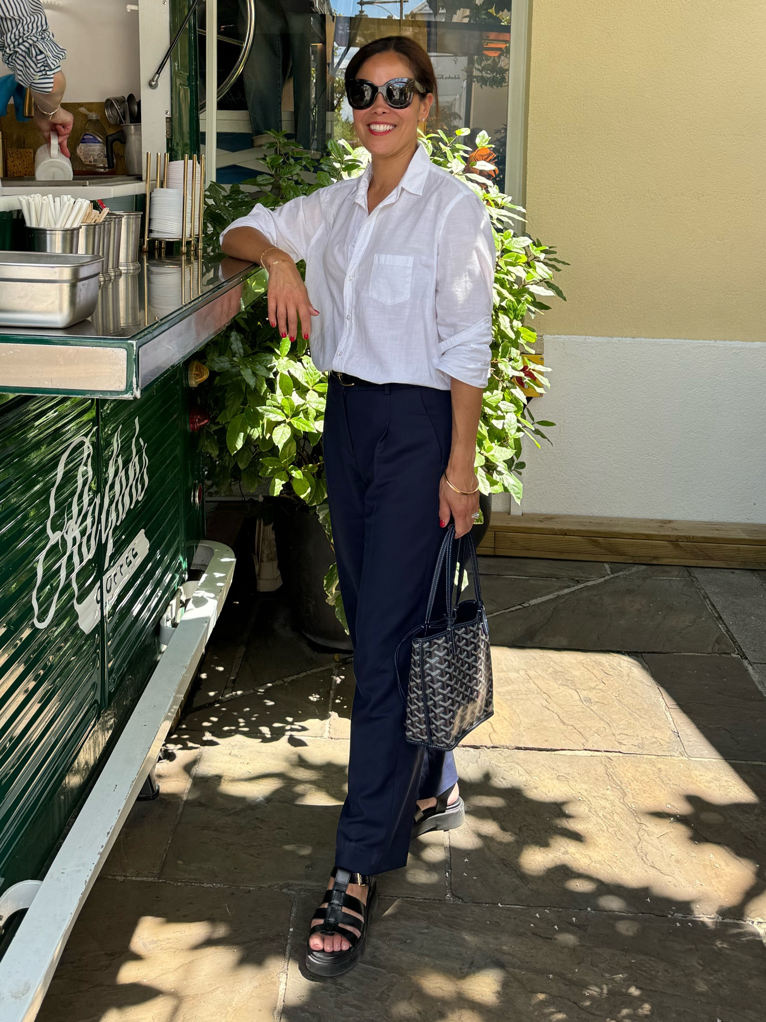 Summer Outfit 
Vacation Capsule 
J. Crew Essential Pant/true to size 
Frank and Eileen Button Up/wearing small
J. Crew leather belt in black/wearing small
Sèzane Sandals/TTS and very comfy 
Linking similar bag 

#LTKTravel #LTKOver40 #LTKStyleTip