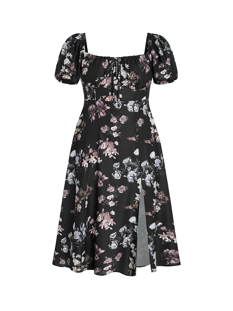 CIDER Plus Size Midi Dress Summer Fruit Patterned Square Neck Puff Sleeve Boho Vacation Casual Mi... | Amazon (US)