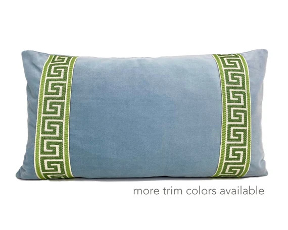 Light Blue Velvet Lumbar Pillow Cover With Green Greek Key | Etsy | Etsy (US)