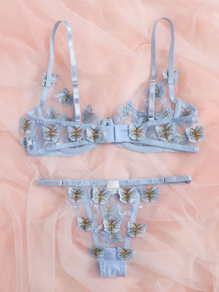 Butterfly Appliques Embroidery Mesh Underwire Lingerie Set | SHEIN