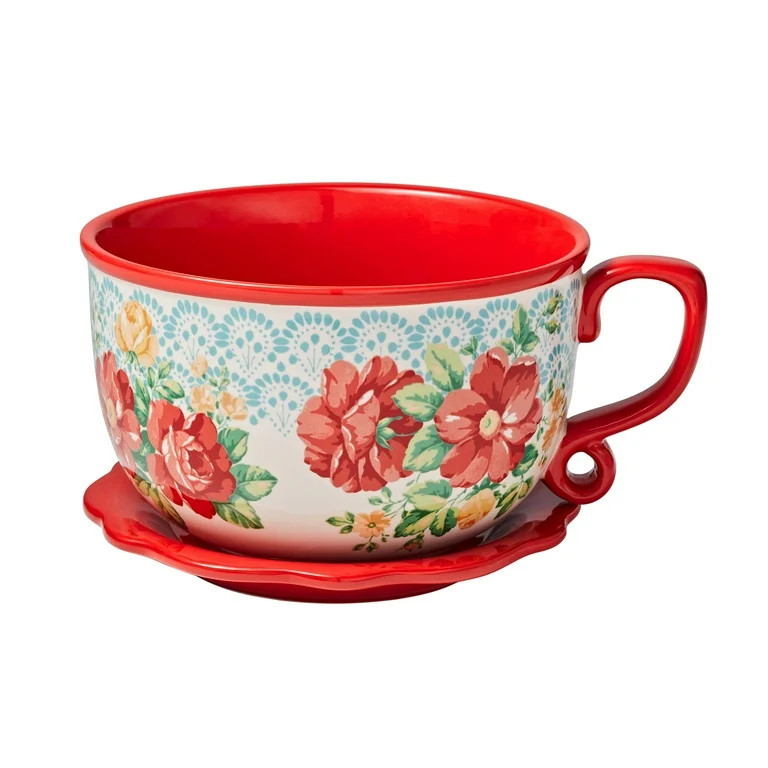 The Pioneer Woman Vintage Floral 8-Inch Tea Cup Ceramic Planter, Red | Walmart (US)
