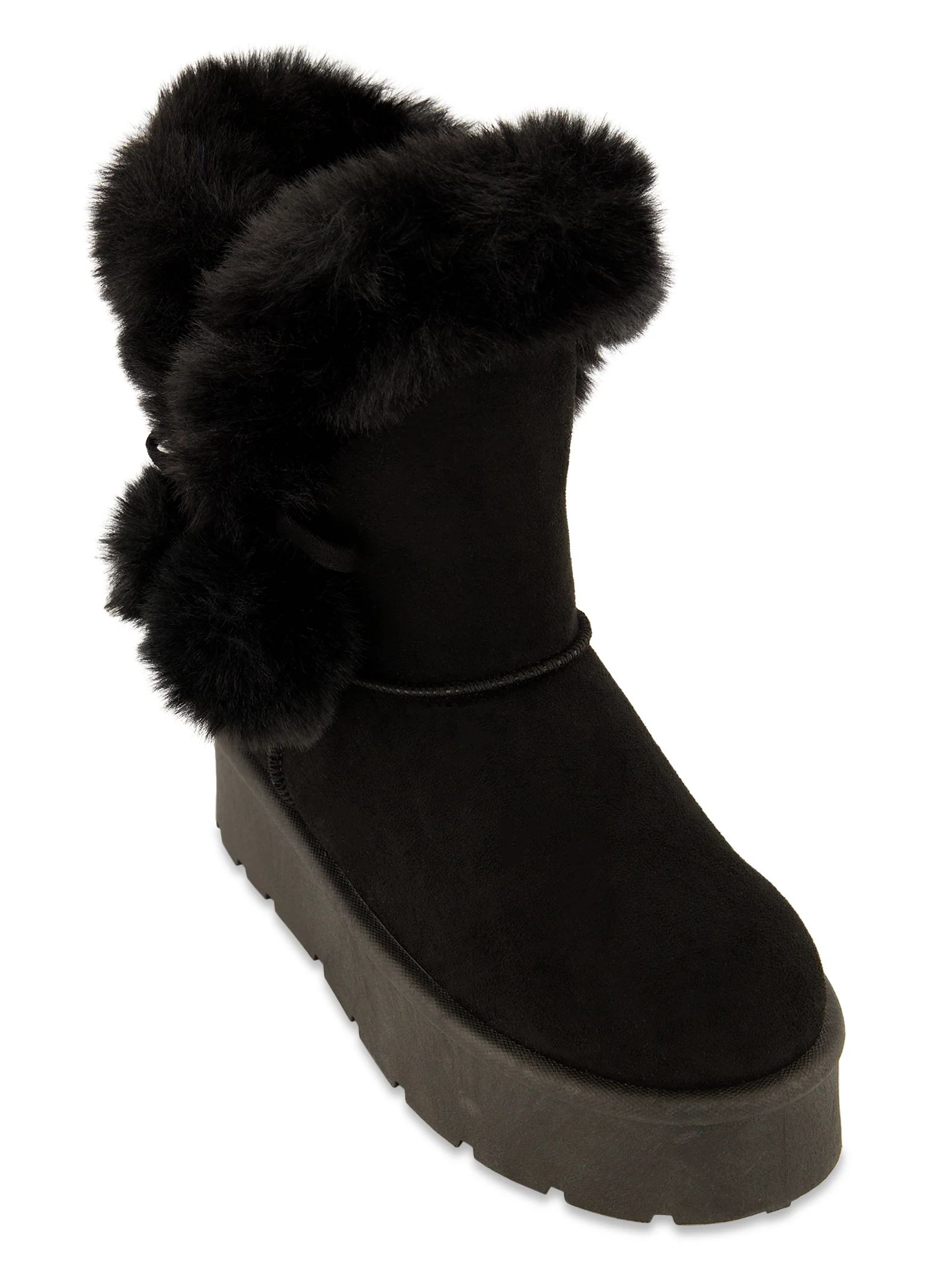 Faux Fur Lined Pom Pom Boots  - Black Suede | Rainbow Shops