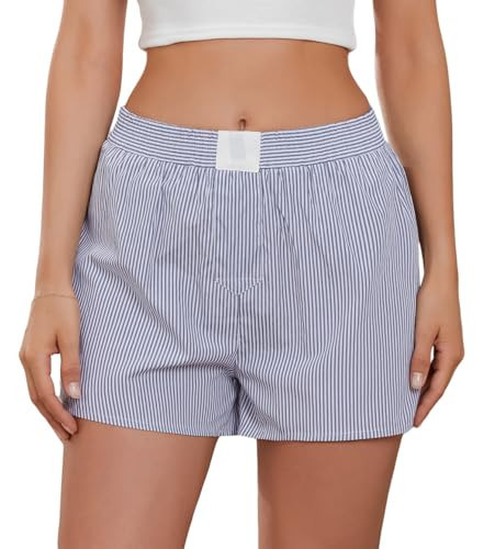 NUFIWI Women Y2k Striped Pajamas Shorts Low Elastic Waist Loose Boxer Bottoms Lounge Sleepwear Pajama Shorts(C Grey 08,Medium) | Amazon (US)