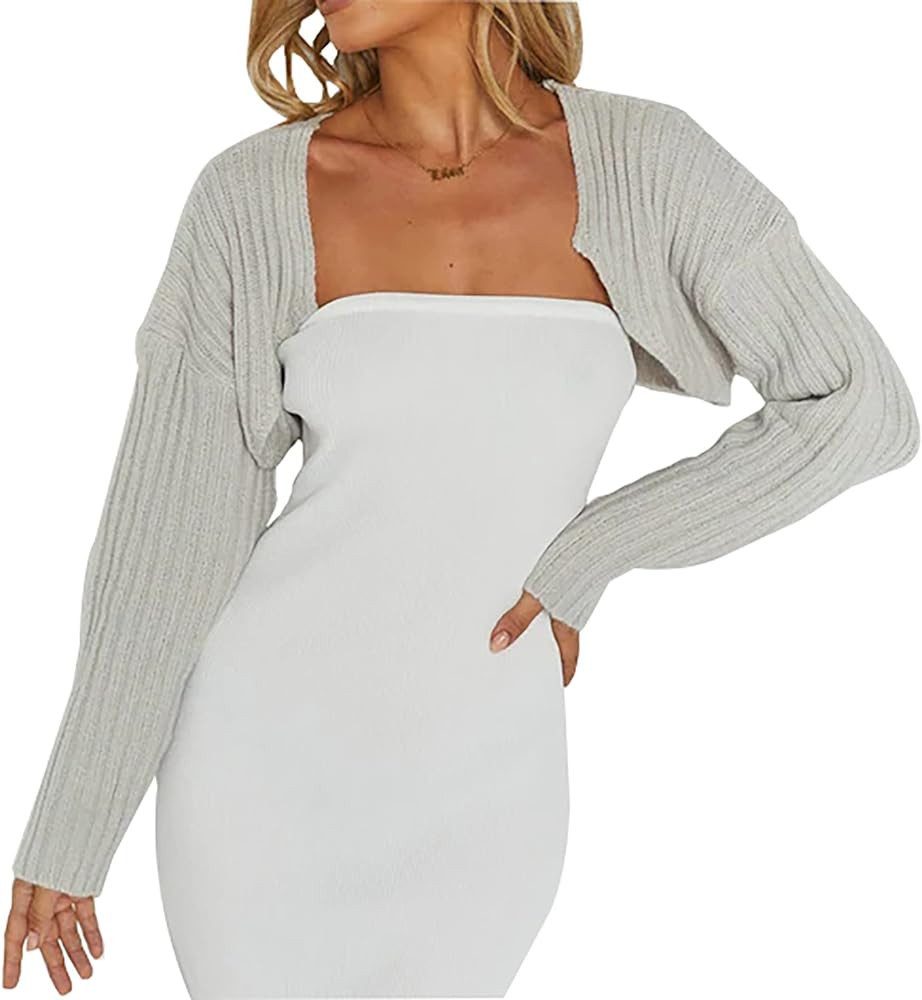 Mutumobo Women Long Sleeve Open Front Ribbed Knit Crop Cardigan Solid Loose Drop Shoulder Shrug Bolero Crop Sweater Top | Amazon (US)
