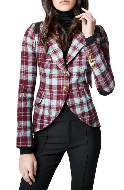 Smythe Plaid Rifle-Patch Wool Equestrian Blazer in Burgundy Plaid/black Leather at Nordstrom, Size 1 | Nordstrom