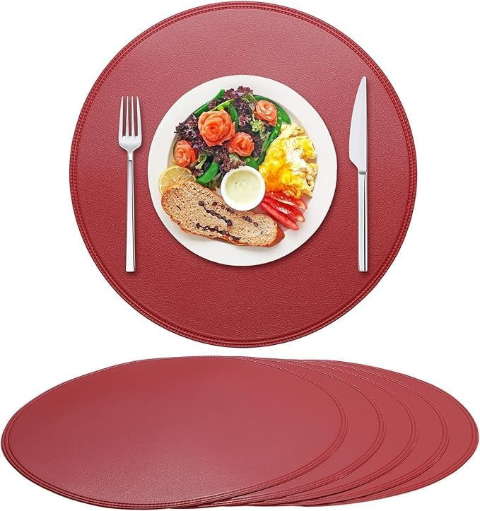 Round Vinyl Burgundy Placemats Set of 6, Wipeable Waterproof Heat Resistant Faux Leather Place Ma... | Amazon (US)