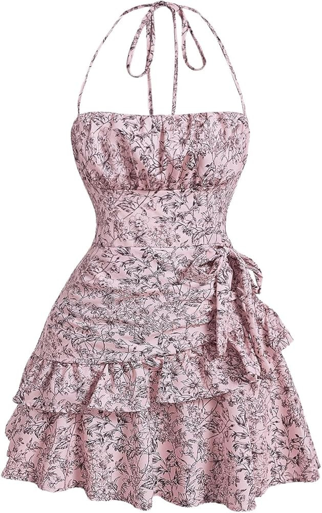 Floerns Women's Floral Print Sleeveless Halter Tie Back Layered Hem Cami Mini Dress | Amazon (US)