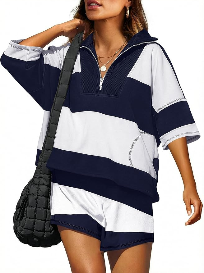 ANRABESS Striped Short Sets for Women 2 Piece Outfits Summer Casual Oversized Workout Athletisure... | Amazon (US)