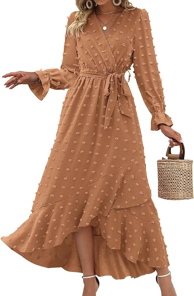 BTFBM Women's Boho Cocktail Maxi Dress 2024 Fall Fashion V Neck Swiss Dot Long Sleeve Flowy Slit ... | Amazon (US)