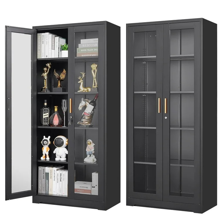 Polup 71''Tall Metal Black Display Cabinet with Glass Doors,  Kitchen Cabinets with Lock and Adju... | Walmart (US)