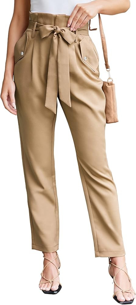 Angashion Women's Pants Casual Trousers Paper Bag Pants High Waist Belted with Pockets Light Beig... | Amazon (US)