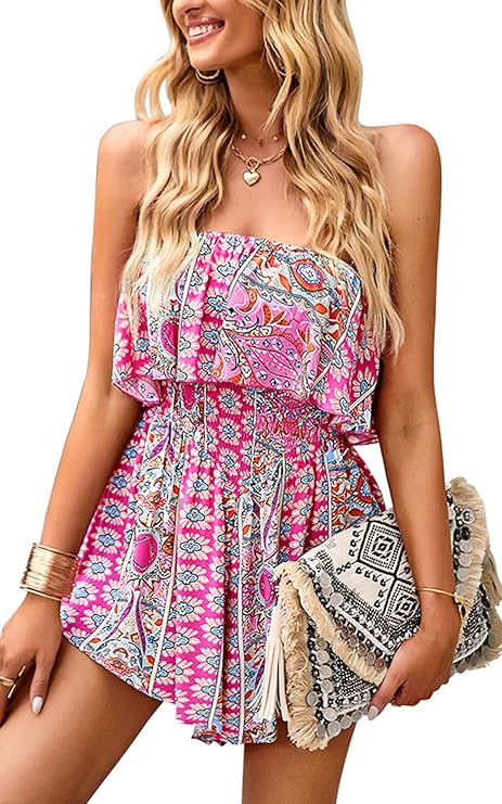 ECOWISH Women Off Shoulder Romper Strapless Floral Print Striped Beach Shorts Jumpsuit | Amazon (US)