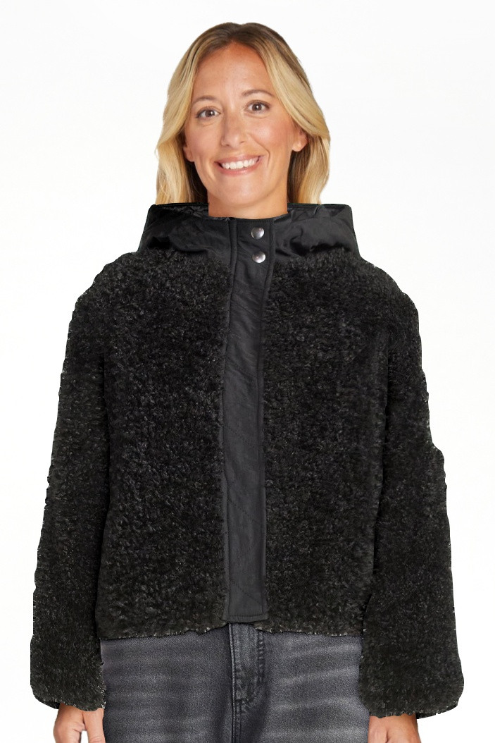 Scoop Women's Mixed Media Teddy Jacket with Hood, Midweight, Sizes XS-XXL | Walmart (US)