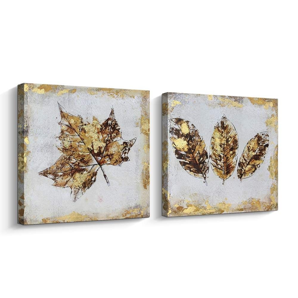 Pinetree Art Gold Maple Leaf Canvas Wall Art Set For Livingroom- Hand Painted Fallen Leaves Art Pain | Amazon (US)