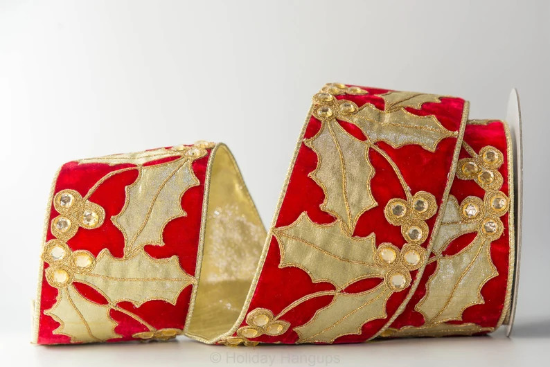 Holly on Velvet, Red Gold, 4 Inch Designer Ribbon by Farrisilk, for Christmas or Winter Decoratin... | Etsy (US)