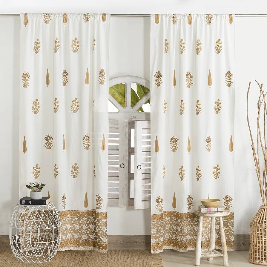 White Gold Sheer Cotton Curtains 84 Inch Length 2 Panels Set, Floral Hand Block Print Curtain Set... | Amazon (US)