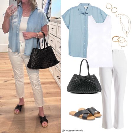Spring to summer transition outfit ✔️ Chambray shirt, white tank, white crop pants and black sandals.