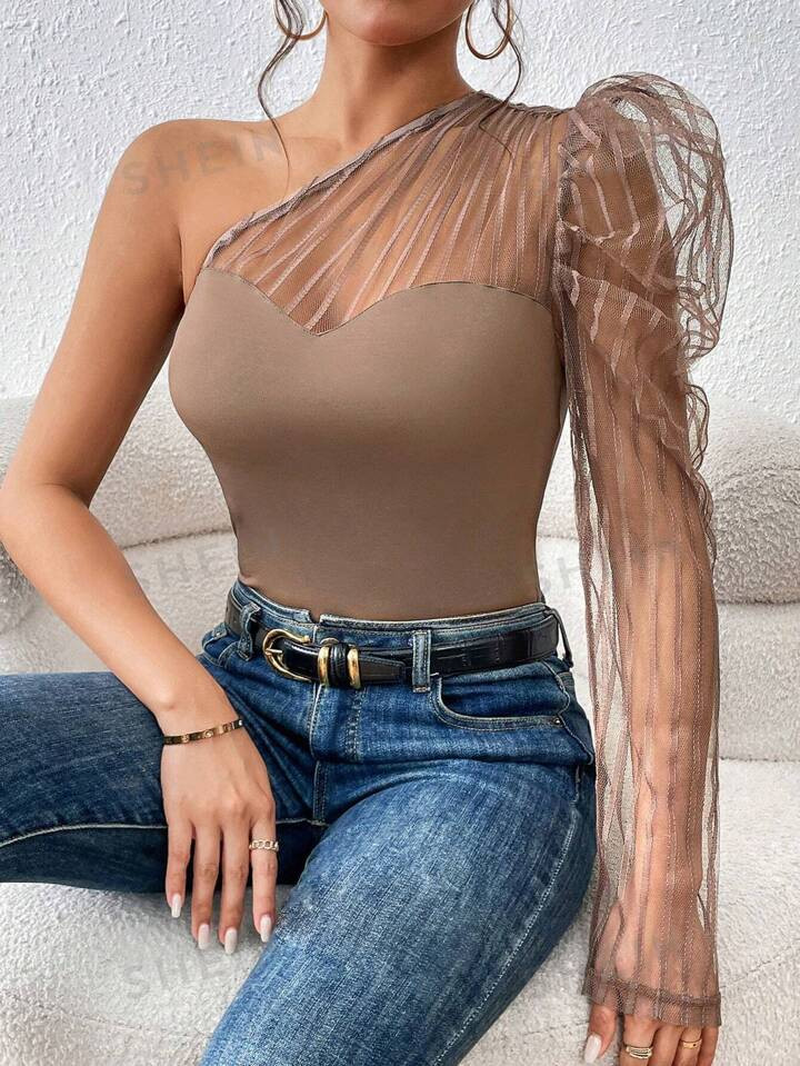 SHEIN Privé One Shoulder Contrast Mesh Top | SHEIN