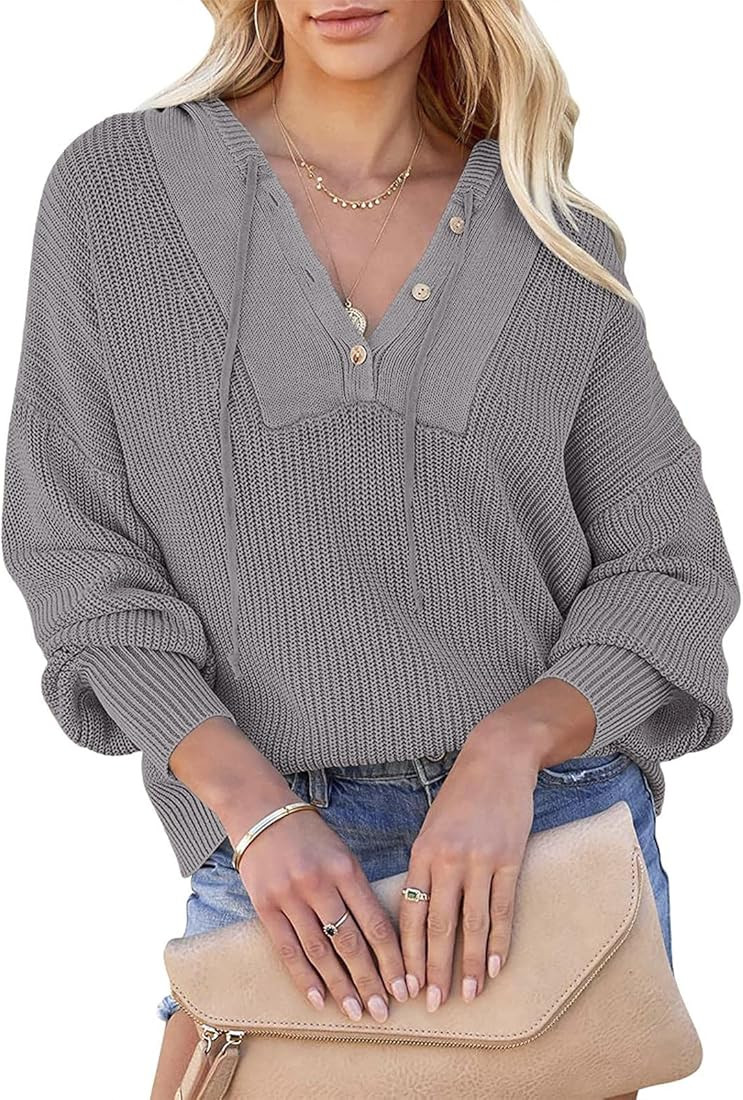 DEEP SELF Women Hoodies Sweater Casual V Neck Button Batwing Long Sleeve Drawstring Knitted Pullo... | Amazon (US)
