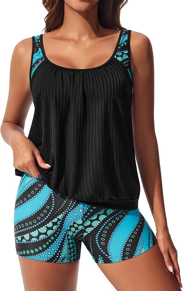 Hanna Nikole Tankini Swimsuits for Women, Textured Modest Swimsuit, Blouson Tankini with Sports B... | Amazon (US)